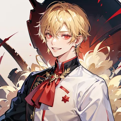 short blonde anime guy,red eyes,wink with one eye, blazer, Blonde madman,grin and laugh,nihilistic smile, 背が高い red eyes,Star-shaped earrings,upper body up