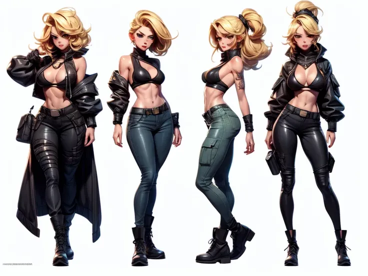 ((masterpiece)),(((best quality))),((character design sheet)),  ((flat color, plain color)),concept, poses, masterpiece, best quality, highres, 1girl, apocalypse mercenary female, (blonde hair:1.2), pompadour hairstyle, long hair, visible forehead, militar...