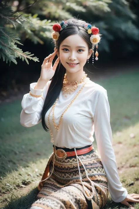 （8K分辨率，Vista full body photo），（1womanl，18yr old，（Facial features of the Aum Shinrikyo Church in Thailand：1.8，s delicate face），详细的脸，Redlip，Fair smooth skin，（Classic Hmong costume：1.4，（nedium breasts、traditional burmese dress），Headband silver crown（Silver Cr...