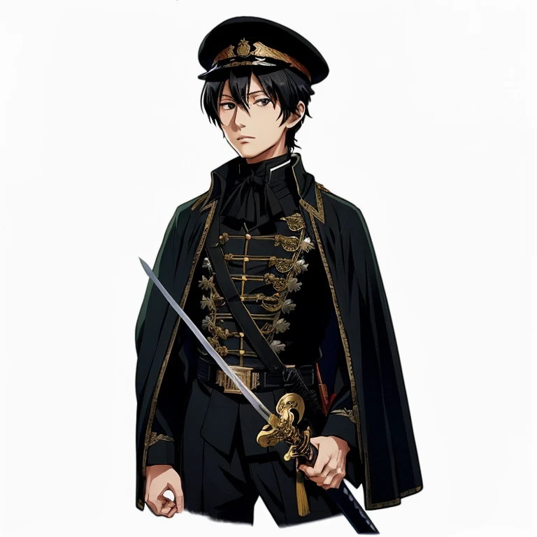 anime character dressed in uniform holding a sword and a sword, hijikata toushirou, shigenori soejima illustration, inspired by Okumura Masanobu, official art, taisho roman, hijikata toushirou of gintama, official character art, in black military uniform, ...