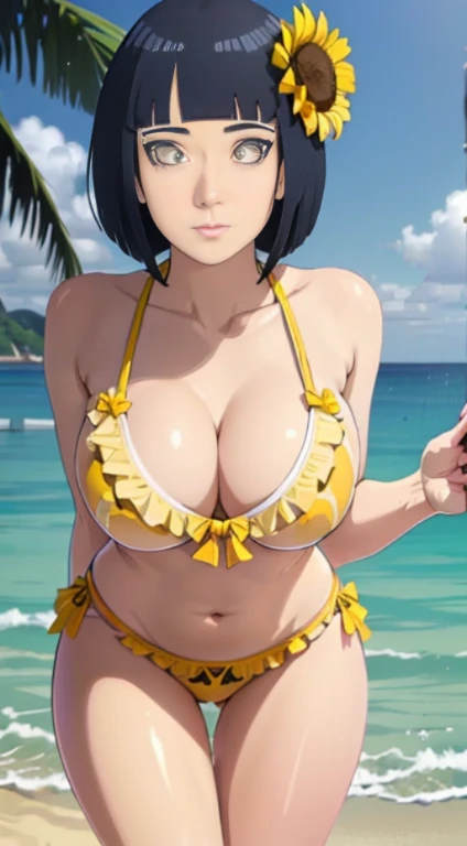 (masterpiece), best quality, perfect face, beach background, clothes((frilly, bikini, yellow bumblebee)), short dark blue hair, looking at viewers, big boobs, looking at viewers, front facing, front view, happy face, perfect shaped beautiful body, ultra re...