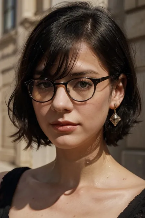 Black hair, glasses, stud earrings, vintage, feminine, 8k, masterpiece, best quality, excellent detail) , (high saturation, best shadows, best light, extremely delicate bleaching) dark style