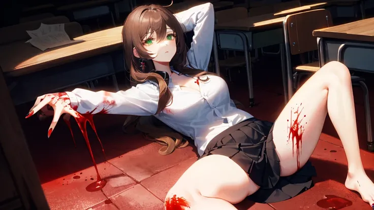 (Lying on the ground:1.2), Lisa, genshin impact, 1 girl, alone, ((school uniform)), barefoot, huge breasts, cleavage, uniform, ((Killed)), (cinematic lighting), (Put your arms on the ground), ((Sea of Blood)), ((bloody ground)), dutch angle, ((Bloody Body)...