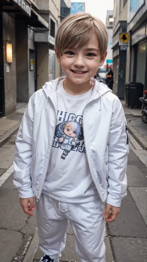 white, totally white, pastel colors, hachures, chibi style, 1 cute little baby boy with techwear clothes, street bic behind, cyberpunk and beautiful smile 