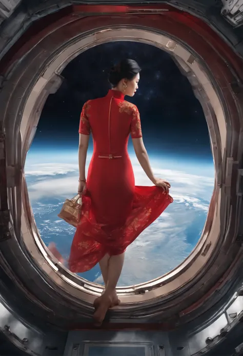 An awe-inspiring digital rendering capturing the sheer beauty of an Asian lady donned in a red cheongsam, suspended motionlessly inside the International Space Station amidst a dreamlike zero-gravity setting, showcasing Earths majesty seen from space, acco...