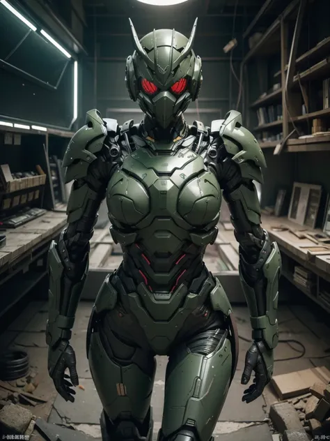  Super detailed, advanced details, high quality, 最high quality, High resolution, 1080P, hard disk, beautiful,(War Machine),beautiful cyborg middle aged woman,Mecha cyborg girl,(dark green armor)((big damage)),woman with mechanical body、She is wearing a fut...