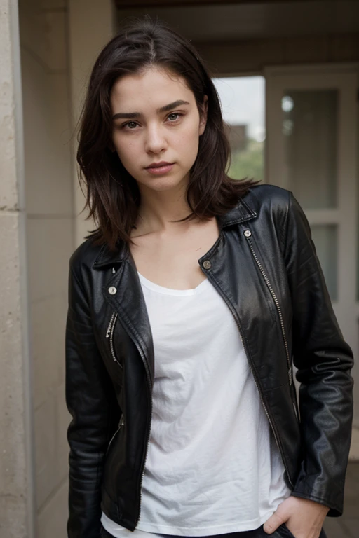 create several images of the character Paula marins, ela tem 18 anos, cabelos brancos, she is gentle and delicate, but she is also cool and wears a leather jacket and has a young appearance, she is angry