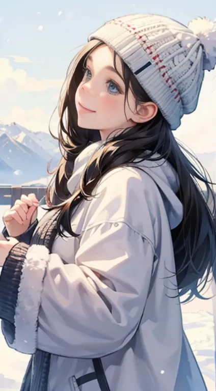 cute girl、beautiful woman、smile、kind、snow、winter、Profile looking up、knit hat