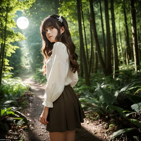 in the forest、Quarter-style beautiful girl、very pointed long ears、Witchs attire、teenager、full moon、long hair、brown hair、mini skirt