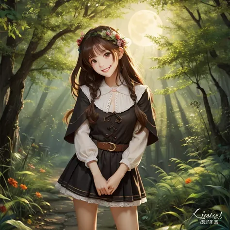 in the forest、Quarter-style beautiful girl、very pointed long ears、Witchs attire、teenager、full moon in the background、long hair、brown hair、mini skirt、cane、Smile、Painting style