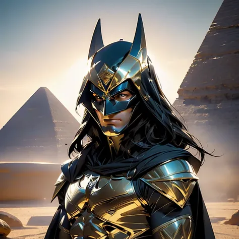 Ultra-realistic CG rendering, masterpiece, best quality, Batman as an Egyptian God, solo, muscular physique, intricately detailed headdress adorned with Egyptian symbols, piercing gold eyes, chiseled features, contrasted with the murky, shadowy background,...