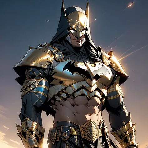 Ultra-realistic CG rendering, masterpiece, best quality, Batman as an Egyptian God, solo, muscular physique, intricately detailed headdress adorned with Egyptian symbols, piercing gold eyes, chiseled features, contrasted with the murky, shadowy background,...