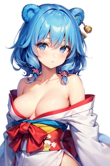 (((highest quality, High resolution, Like Japan cartoons))) ,(((Bear ears,Bear,beastman))),blue eyes, 1 girl, alone, looking at the viewer, blue hair, medium breasts, No bra,closed mouth, clavicle, white kimono, Broken kimono,cleavage,Two-dimensional beaut...