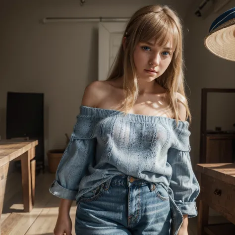 1girl, cute blonde girl, hair bangs, off shoulder brown checkered knit, jeans shorts, blue eyes, ultra realistic soft skin, extreme detail, high masterpiece, 8k, photography, studio light, ultra realistic lighting, high realistic ray tracing, RAW photo, ph...