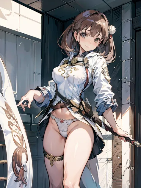 Moe anime illustration、High resolution、female assassin、brown hair、colorful robes、reverse bunny、Assassins Creed、Close-up of people、nipple、archaic smile、female organ、big breasts