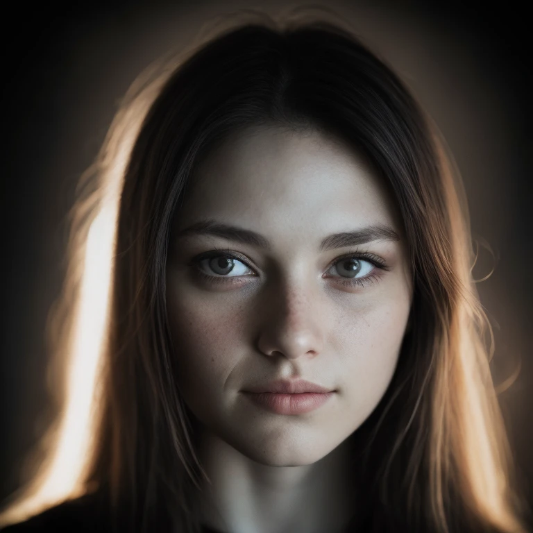 (close-up, editorial photograph of a 21 year old woman), (highly detailed face:1.4) (smile:0.7) (background inside dark, moody, private study:1.3) POV, by lee jeffries, nikon d850, film stock photograph ,4 kodak portra 400 ,camera f1.6 lens ,rich colors ,h...