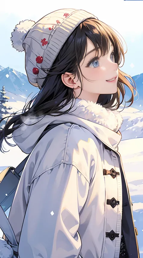 cute girl、beautiful woman、smile、kind、snow、winter、Profile looking up、knit hat、whole body