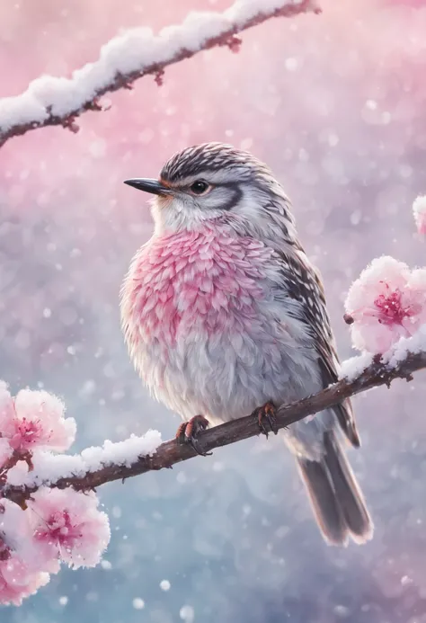 A beautiful hyper-fluffy hyperrealistic bird on a branch with pink flowers and snow. Small water drops, shining. Sunrise. Pastel colors. Intricately detailed, masterpiece, beautiful. Photorealistic, raw image