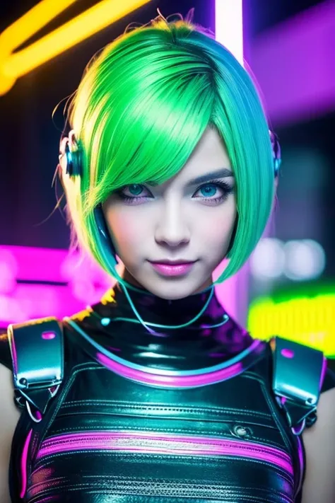 hairstyle: Short, high-toned hair color that reflects neon lights: neon green eye color: cyber blue skin tone: Pink-based cool tone height: Slender with medium height body type: Athletic and slim style:

clothing: Futuristic design accessories using leathe...