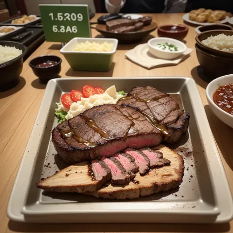 small steak about 1cm、Some parts are burnt and some are not burnt to reflect the fact that it is cheap.、That steak has green mud all over it.、next to the steak「JPY 100」It has a price tag that says、Put that steak on the broken 80 year old table.