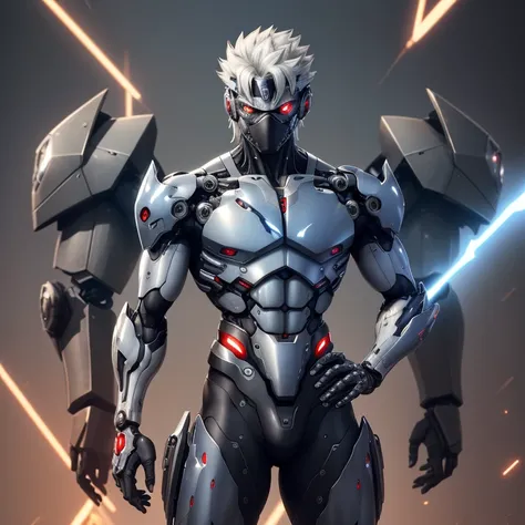 Ultra-realistic CG, masterpiece, best quality, Cybernetic and Mecha Kakashi, solo appearance, characteristic stern face, intricately detailed cybernetic eye, sharp mecha limbs, metallic armor with precise lines and patterns, gradient-metal finish, smoky ba...