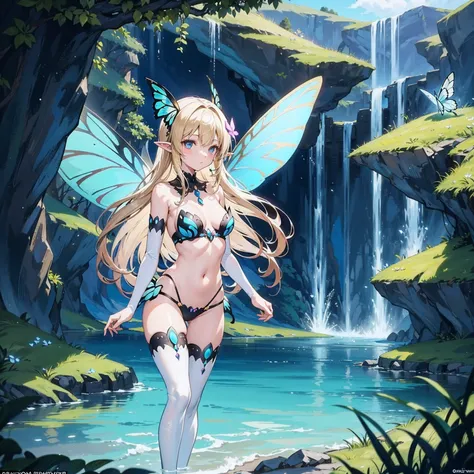 background 　	A beautiful lake in a cave
Fairy on the shore of the lake in the cave

　Lakea cartoon character with a butterfly tail and dark hair posing in panties, 1girl, solo, breasts, fairy, wings, fairy wings, thighhighs, blonde hair, pointy ears, brida...