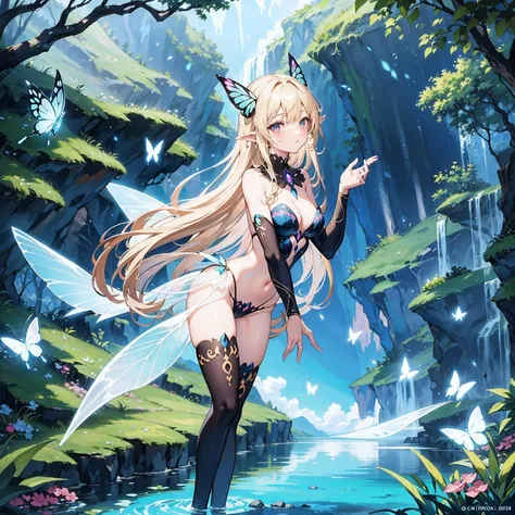 background 　	A beautiful lake in a cave
Fairy on the shore of the lake in the cave

　Lakea cartoon character with a butterfly tail and dark hair posing in panties, 1girl, solo, breasts, fairy, wings, fairy wings, thighhighs, blonde hair, pointy ears, brida...