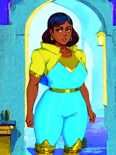 realistic, solo, indian ifbb priyanka maheswaran, (shiny plastic gold short jumpsuit), translucent blue robe, dark skinned, thick lips, night, ruin cyber palace, dynamic view