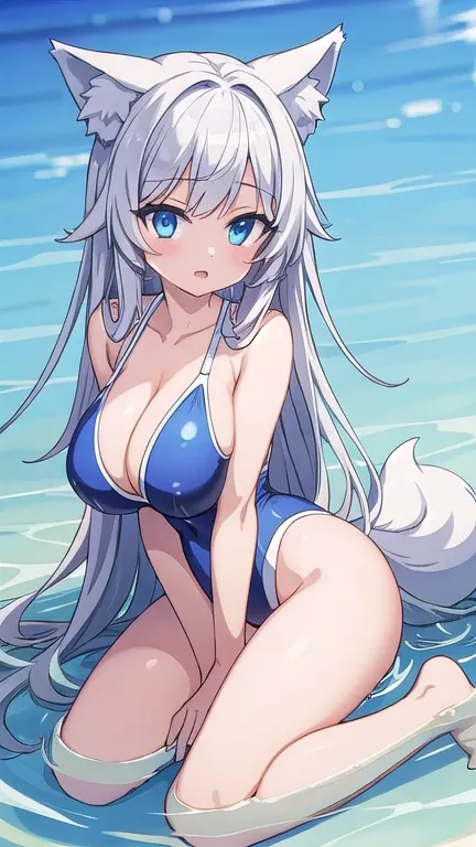  perfect face、wolf ears、big breasts、silver hair、wolf tail、barefoot、blue eyes、Blue swimsuit、chest、long hair、in water