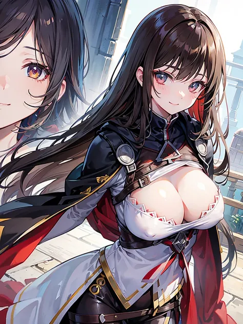 Moe anime illustration、High resolution、female assassin、brown hair、colorful robes、Sheer bodysuit、Assassins Creed、Close-up of people、nipple、archaic smile、female organ、big breasts