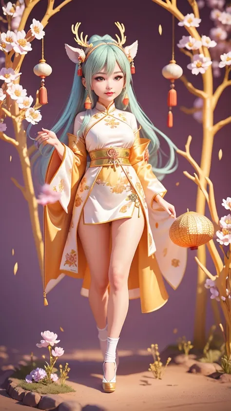 Chinese style，national current，Dunhuang style，a beautiful lady, Dunhuang costumes，White nine-color deer with colorful patterns ,Fantasy wonderland world ，Silk Road Flower Rain，silk road，Beautiful two-dimensional, Thick coating, Beautiful background，Perfect...