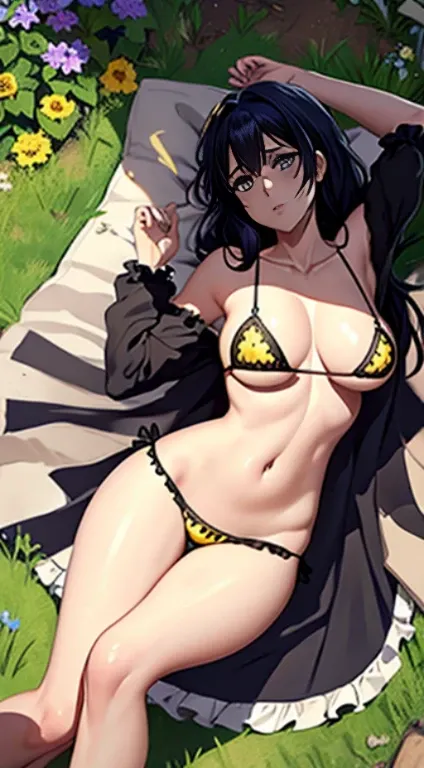 Long black hair, clothes((frilly, bikini, yellow bumblebee)) , massive sized boobs, lying straight down to the ground, full body, lying down and front facing, leg spread, spreading both legs,thigh legs,blue colour eyes, ultra realistic detailed shiny blue ...