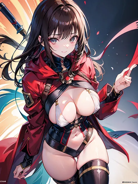 Moe anime illustration、High resolution、Female assassin exposing nipples and genitals、brown hair、colorful robes、Erotic Bodysuit、Assassins Creed、Close-up of people、archaic smile、big breasts