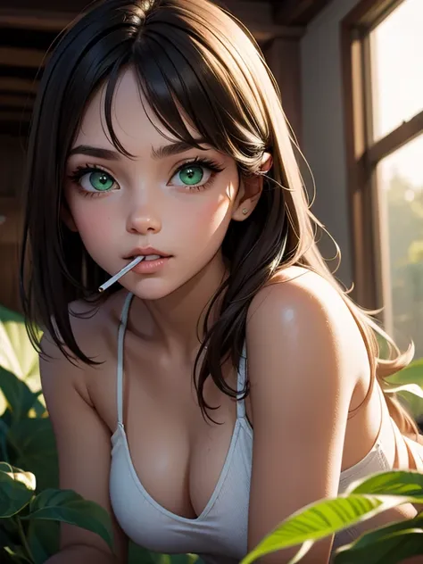 (Best quality), (perfect face), (high detail), (1girl), (closeup), (headshot), a cute stoner girl smoking a joint surrounded by marijuana leafs, smoke filled room, weed smoke, THC, (green eyes), (neon green 1:1), HDR,4K, 3D