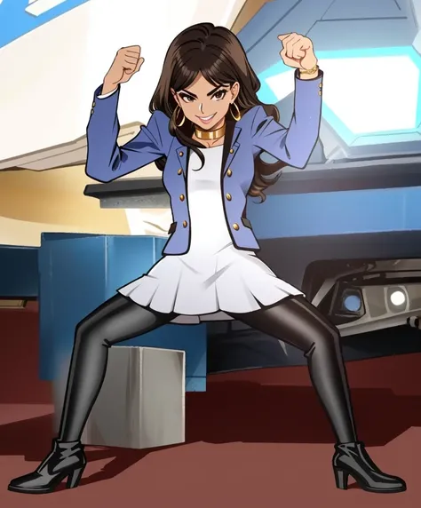 a latina woman in a white dress and black shiny high tights boots, sassy pose, badass pose, triumphant pose, dynamic energic pose, cynical smile, brown long hairs, make-up, golden earrings, golden collar, legs appart