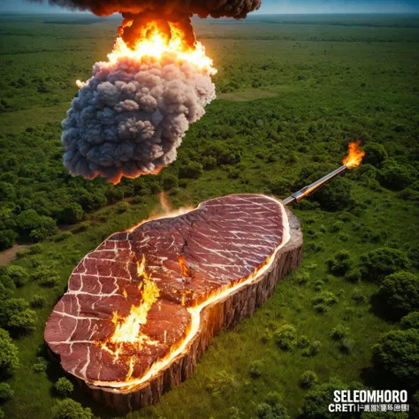 A super-huge high-end steak collides with the earth、causing a big explosion