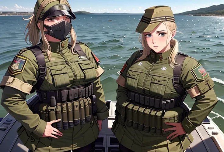 two women in uniforme militars standing on a boat near the water, wearing uniforme militar, wearing a uniforme militar, Compostura militar perfecta, Infantry girls, Uniformes marineros femeninos, wearing Equipo militar, Marineras, Ropa con armadura militar...