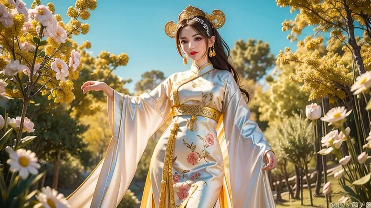 Chinese style，national current，Dunhuang style，a beautiful lady, Dunhuang costumes，White nine-color deer with colorful patterns ,Fantasy wonderland world ，Silk Road Flower Rain，silk road，Beautiful two-dimensional, Thick coating, Beautiful background，Perfect...