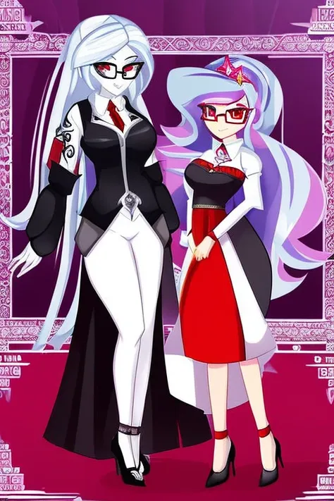 (masterpiece), best quality, expressive eyes, perfect face, sexy woman, (white skin), full body, jewelry, ((low heel)s), (dark red dress shirt with sleeves rolled up), (grey pants), (black vest), (glasses) beautiful, loving, long (silver hair), mlp, mlp oc...