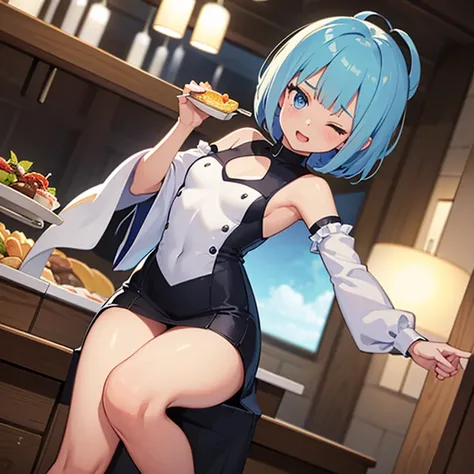 (masterpiece:1.3), (best quality:1.3), high resolution, 


dutch angle, overlook view, couboy shot, 
eating, body facing forward, 

(one cute girl:1.3), solo, 
white skin, small Breast, eight-headed person, 
light blue hair, (bobbed hair:1.2), (short hair:...