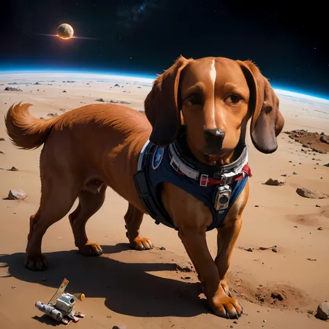 dog dachshund astronaut on the planet mars. Next to the wreckage of the spaceship