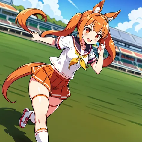 Uma Musume,original,ribbon on right ear,chestnut hair,red eye,long twintails,young face,Sailor suit style,horse tail,short skirt,running shoes,Racecourse,topless