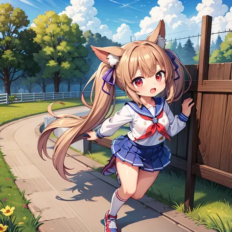 Uma Musume,original,ribbon on right ear,chestnut hair,red eye,long twintails,young face,Sailor suit style,horse tail,short skirt,running shoes,Racecourse,naked,show nipples