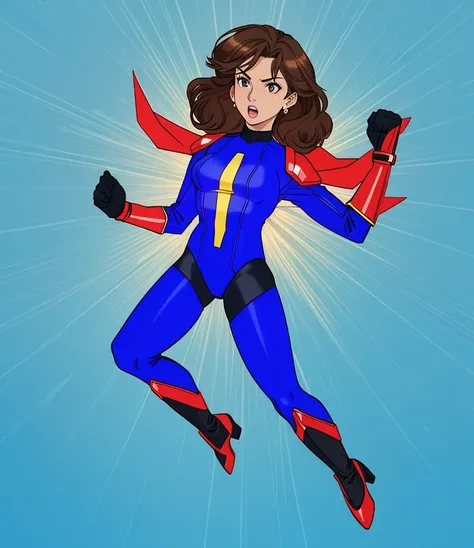 a woman in a blue suit leotard with long sleeves, super-hero girl, heroic action pose, super hero pose, jumping in the air, heroic jumping pose, power pose, brown hairs, latina face, brown eyes, cynical expression, red shoulder pads, red gloves with spikes...