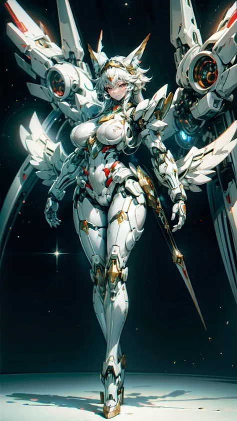 A beautiful mechanical girl，fox ears，Machine girl，There are huge white mechanical wings on the back，tall，Perfect mechanical body，Intricate white mechanical bodysuit，sense of the future，science fiction style，（White mechanical body：1.3），White robotic arm，Red...