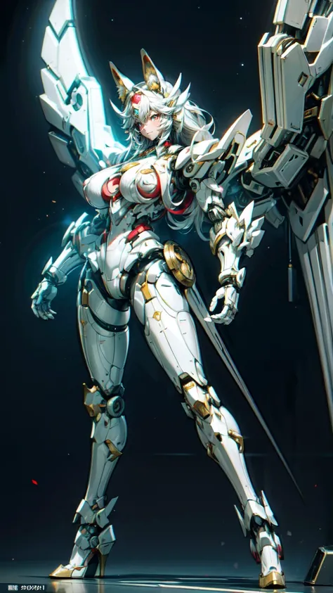 A beautiful mechanical girl，fox ears，Machine girl，There are huge white mechanical wings on the back，tall，Perfect mechanical body，Intricate white mechanical bodysuit，sense of the future，science fiction style，（White mechanical body：1.3），White robotic arm，Red...