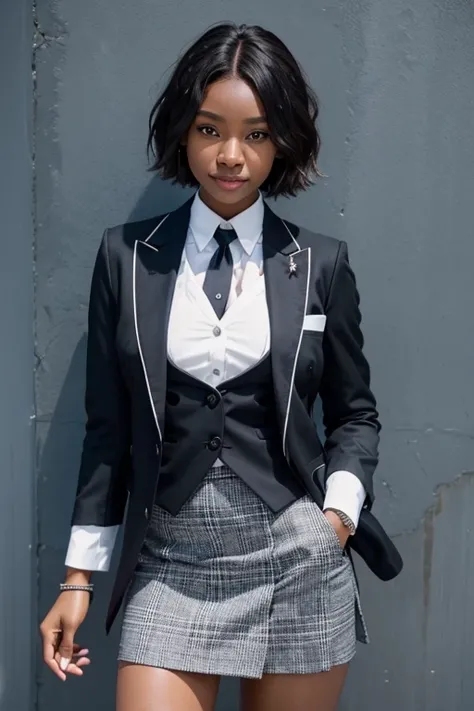 100％Smile、20 year old cute black woman、black skin、African American Women、big breasts、、Background Company、mini skirt、Immaculate bikini、superior, skirt suit, (((Three-piece suit))), tie, blazer, Jacket, waistcoat, ダブルブレストのwaistcoat, bodycon skirt, pencil ski...