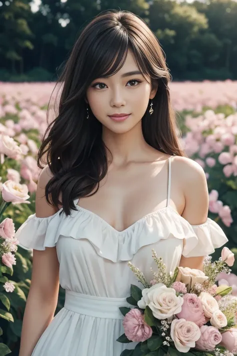 Best quality, masterpiece, ultra high resolution (photorealistic: 1.4), raw photo, 1 girl, white dress, bare shoulders, field of pink flowers in bloom, glowing skin, slight smile