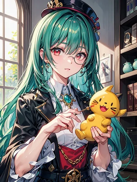 （（（masterpiece、Highest image quality、highest quality、highly detailed unity 8ｋwallpaper）））、（（Illustration of one girl、upper body））、（（（beautiful girl）））、（librarian）、（Emerald green hair、sidelocks：1.2、red eyes）、（（（crazy smile）））、monocle、pocket watch、（（（Black t...