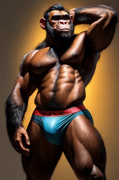 a furry male anthro Chimpanzee standing with his hands behind his back. He is wearing underwear and is depicted in a simple background. The artwork should be in a front view perspective. The image should be of the best quality, with ultra-detailed features...